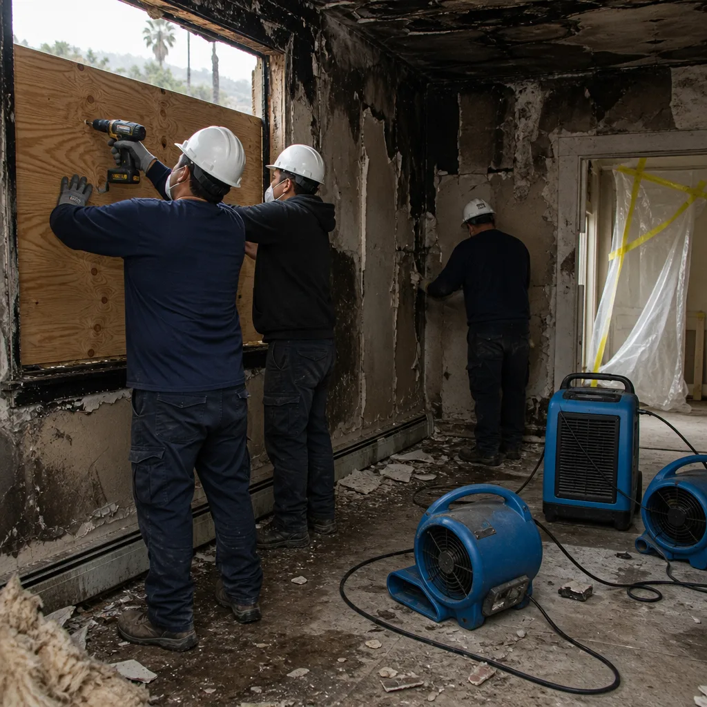 Professional crew performing fire and smoke damage restoration services in a home.