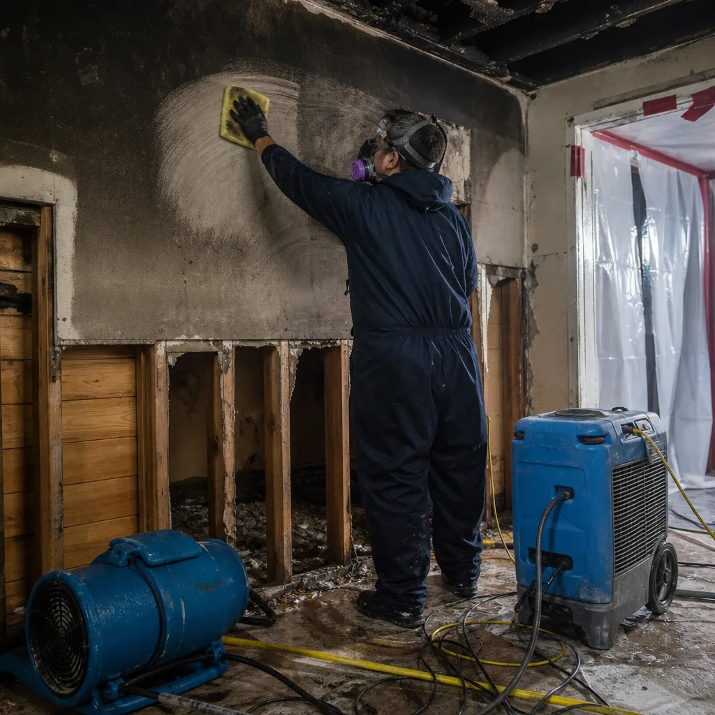 Technician performing professional fire and smoke damage restoration on charred wall.
