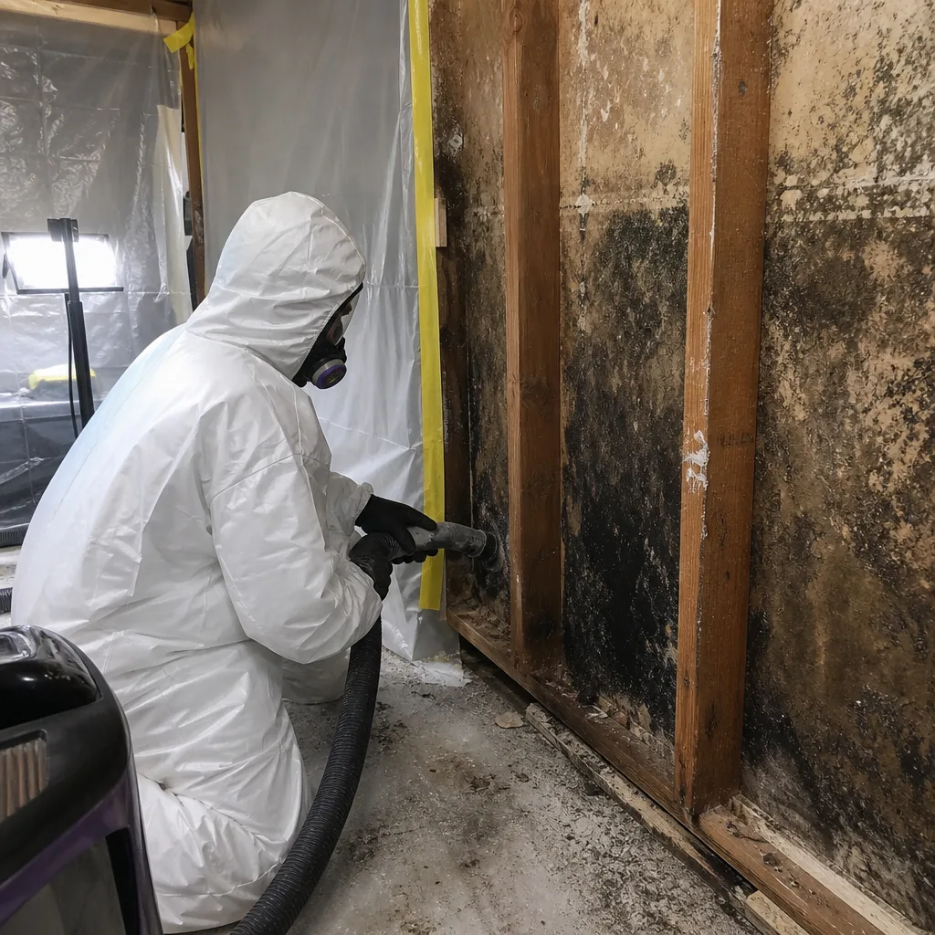 Professional in hazmat suit performing expert mold remediation on wall studs