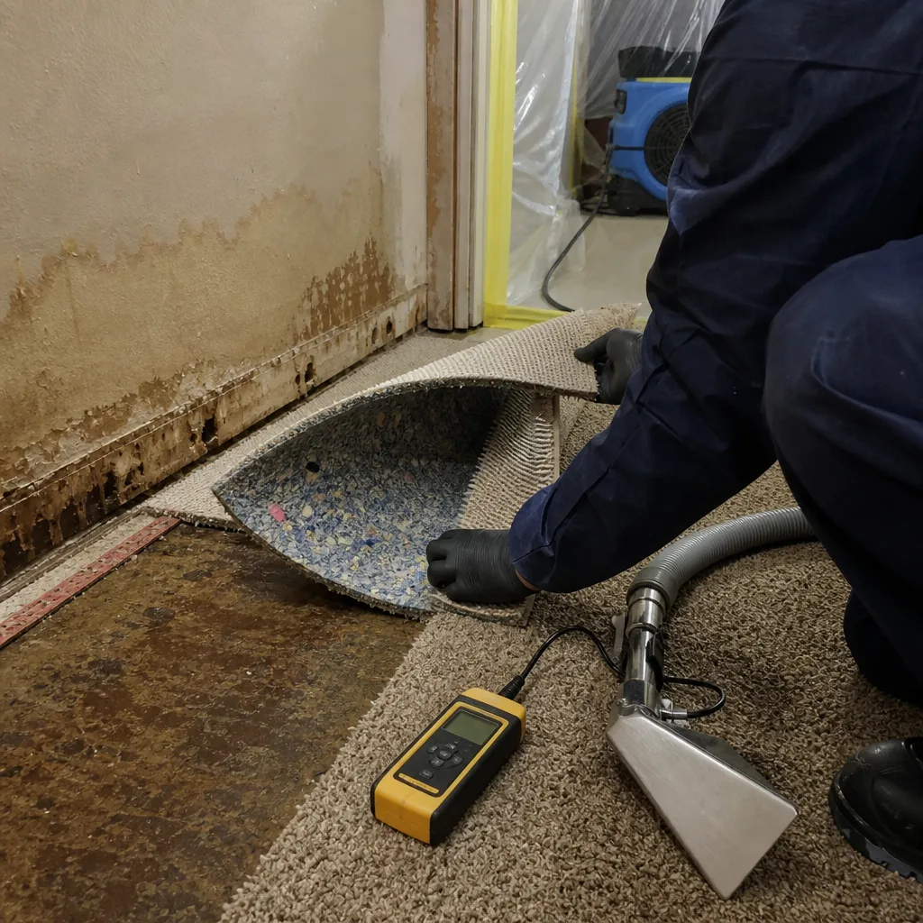 Water damage restoration professional inspecting wet carpet with a moisture meter