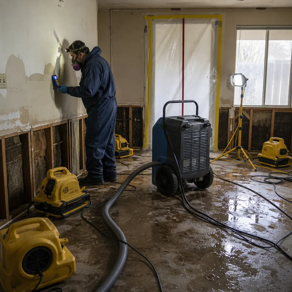 Technician using moisture meter during professional water damage restoration services