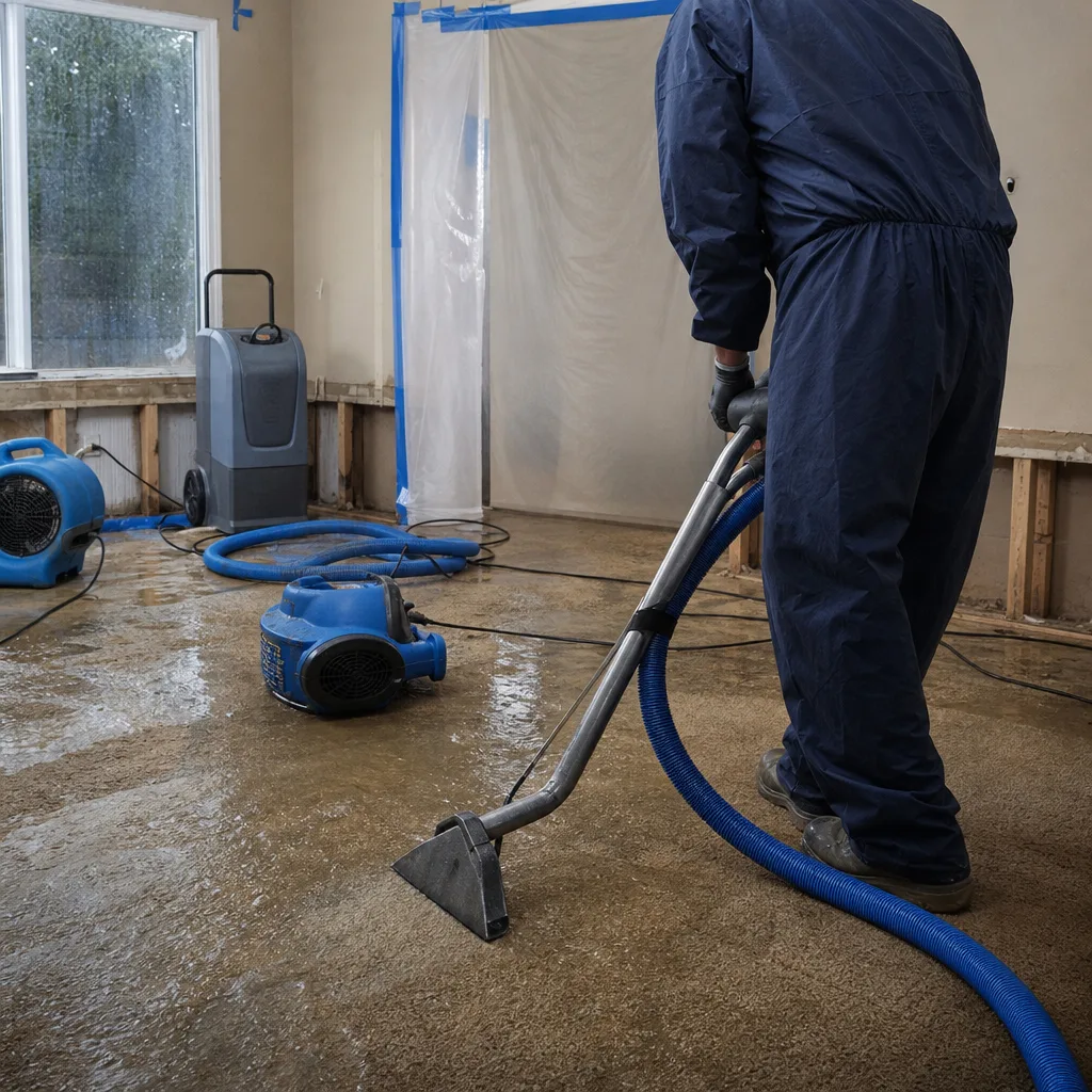 professional water damage restoration technician extracting water from carpeted flooring
